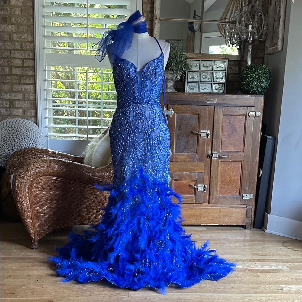 LADIVINE BY CINDERELLA DIVINE ROYAL BLUE FEATHER CC2308 DRESS NEW 8